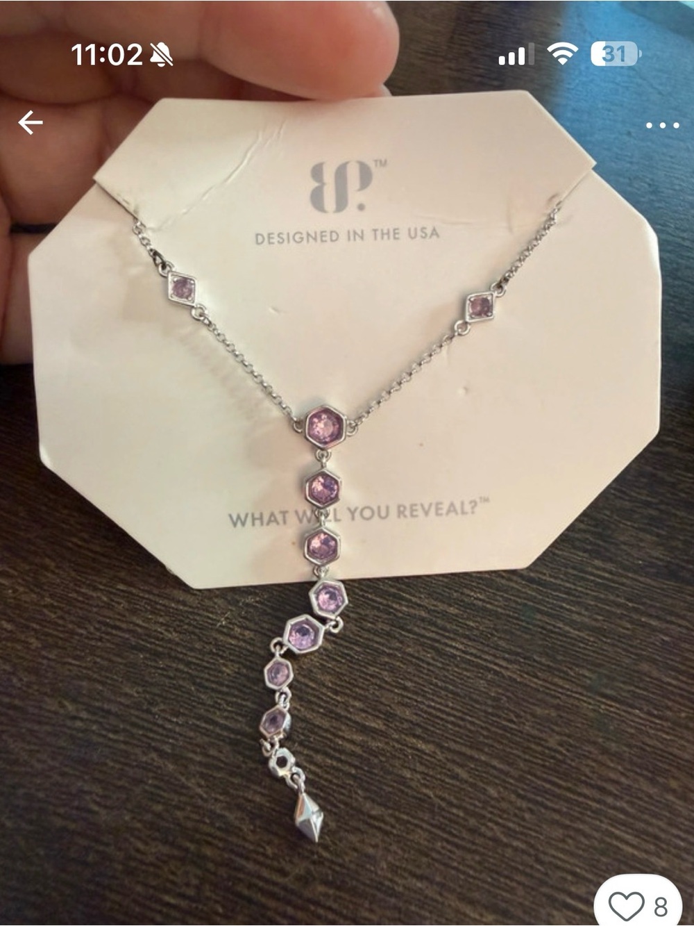 Bomb Party Purple Crystal Drop Lariat Necklace in Solid 925 silver